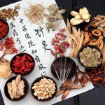 Chinese herbal medicine selection with acupuncture needles and calligraphy script on rice paper.